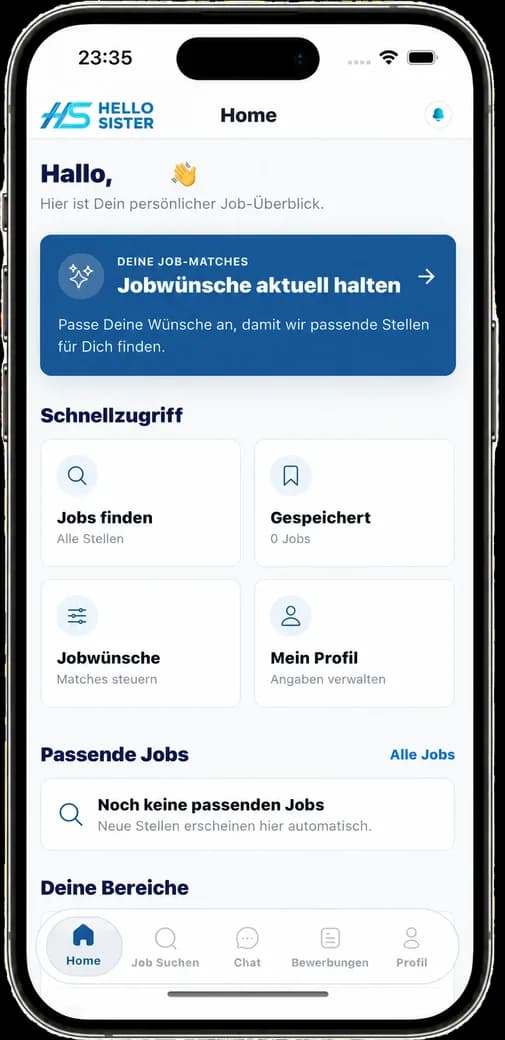 Hello-Sister App: Startseite mit Job-Überblick